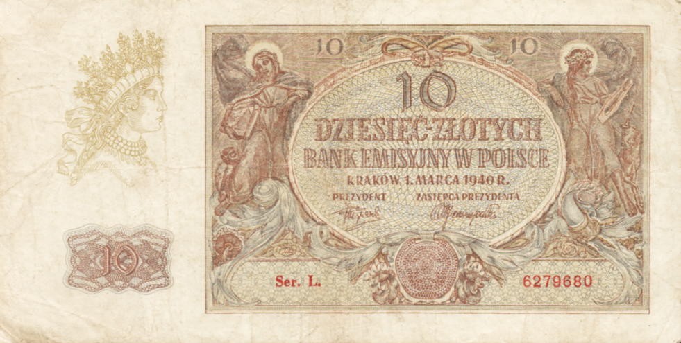 POLSKA  Banknot 10 zł / 1940 r. X - seria L.