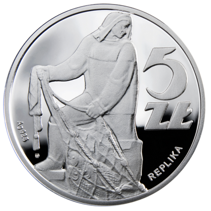 5 zł / 1958 r. -  Rybak, srebrna replika monety